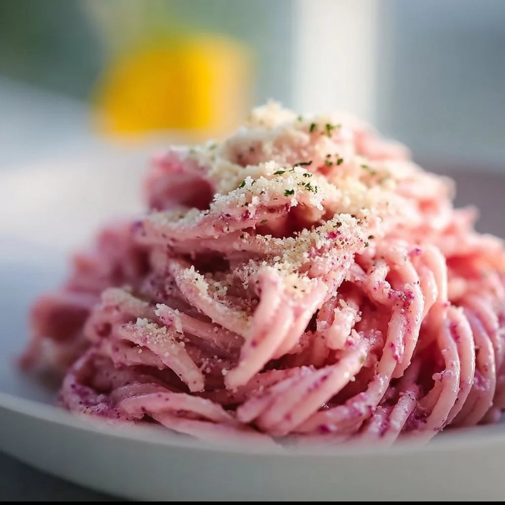Bowl of creamy vegan pink pasta topped with fresh herbs