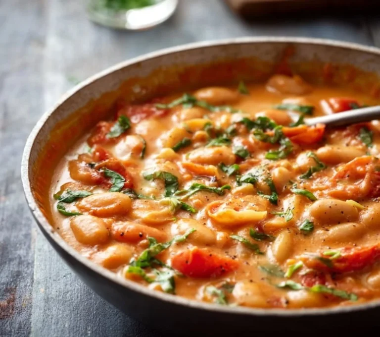 Creamy vegan tomato white bean stew in a bowl garnished with herbs
