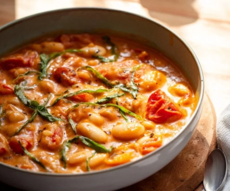Creamy vegan tomato white bean stew in a bowl with fresh herbs