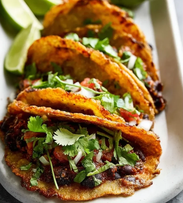 Crispy black bean tacos topped with fresh ingredients and served on a plate.