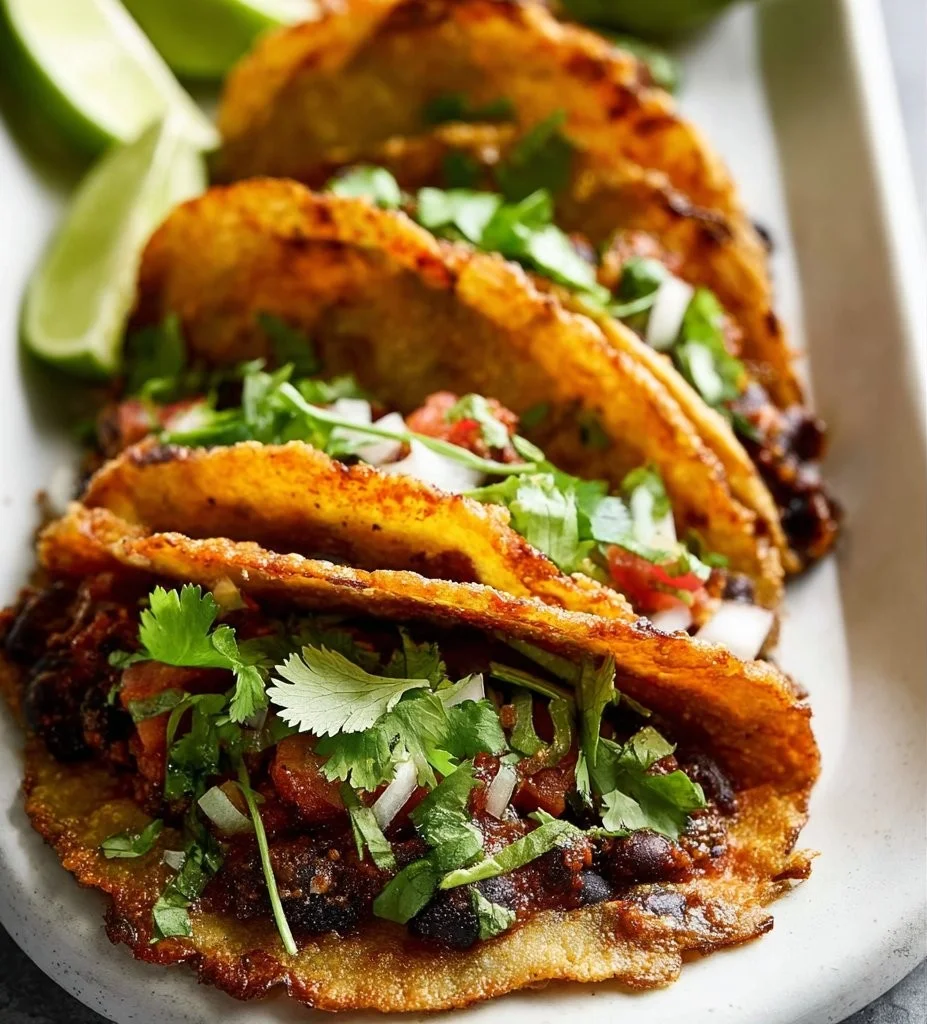 Crispy black bean tacos topped with fresh ingredients and served on a plate.