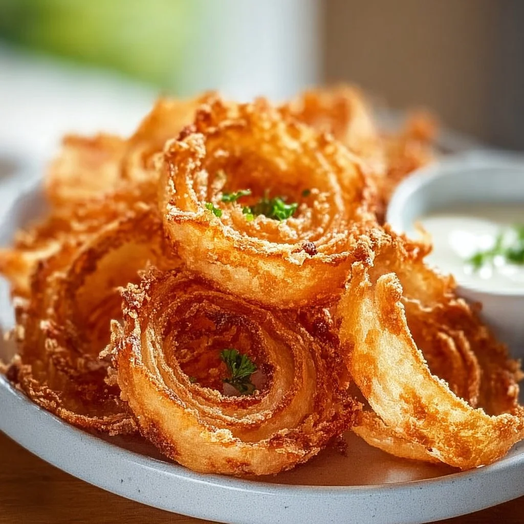 Crispy Parmesan onion ring chips served in a bowl showing their golden texture