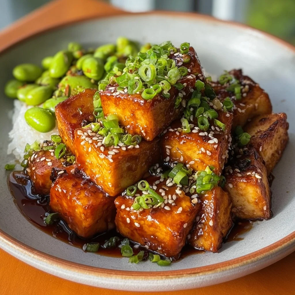 Crispy sticky tofu served on a plate with garnishes