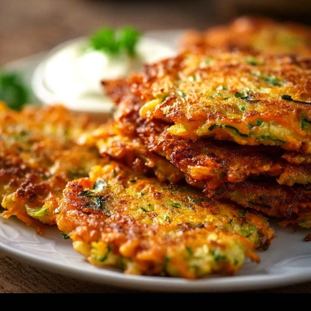 Plate of crispy vegetable fritters served with dipping sauce