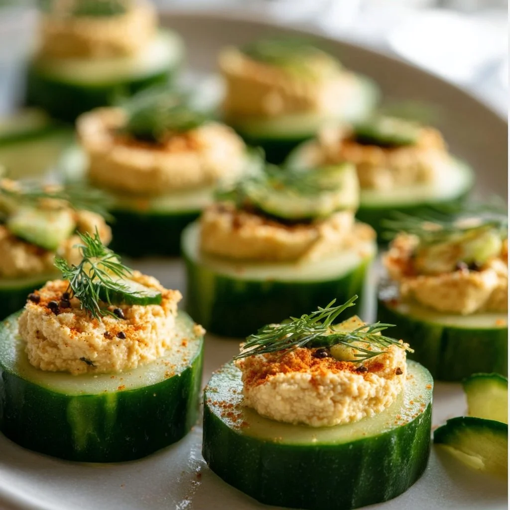 Cucumber bites topped with hummus, a healthy snack option