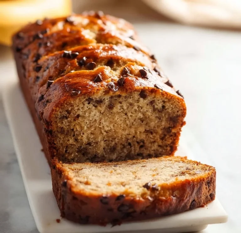 Loaf of dairy free banana bread on a wooden table with ripe bananas