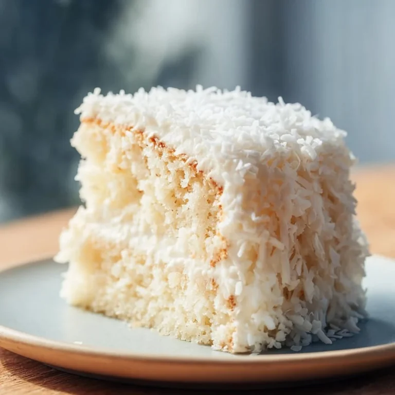 Delicious vegan coconut cake topped with shredded coconut and a slice removed.