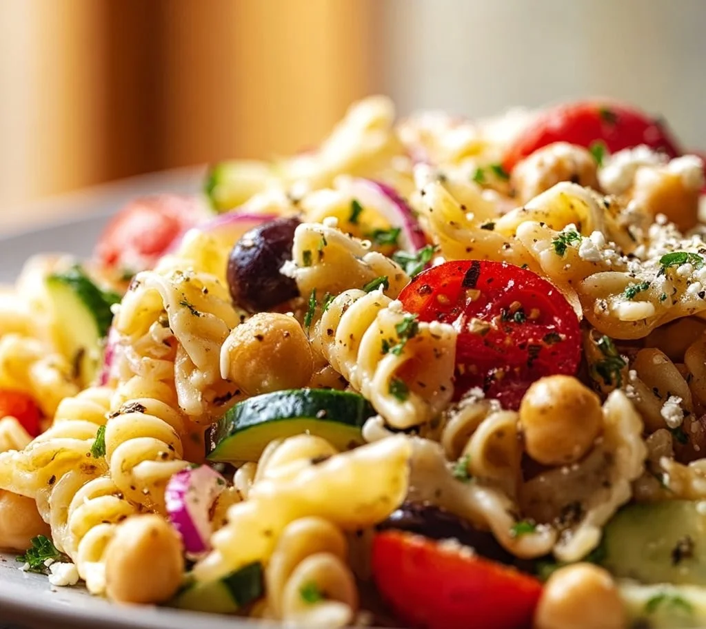 Bowl of Easy Greek Pasta Salad with Chickpeas garnished with fresh herbs