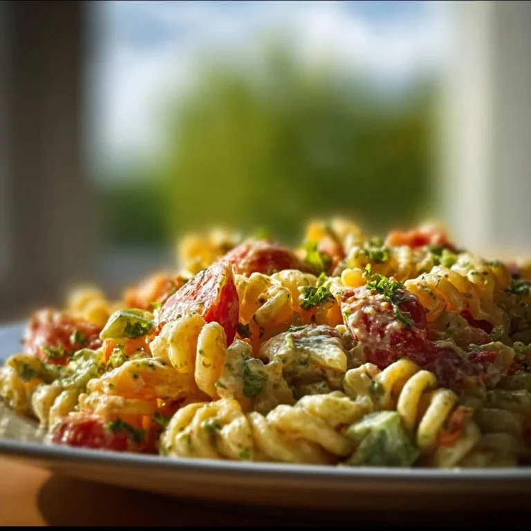 Bowl of high protein vegan pasta salad with colorful vegetables and herbs
