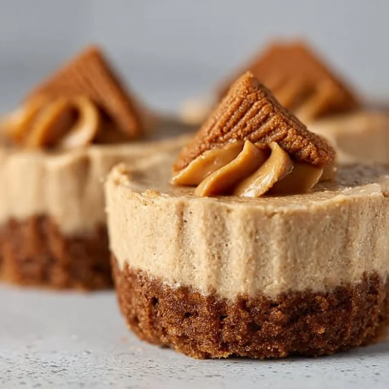Easy no-bake mini vegan Biscoff cheesecakes topped with caramel drizzle.