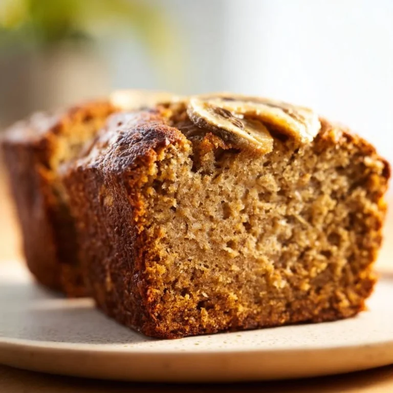 Fluffy vegan banana bread fresh out of the oven, served on a wooden table.