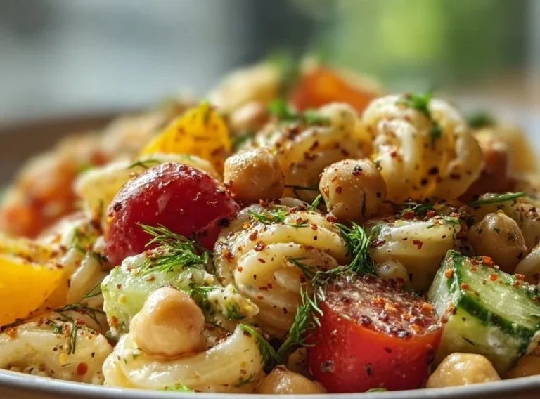 Fresh chickpea pasta salad with colorful vegetables and dressing