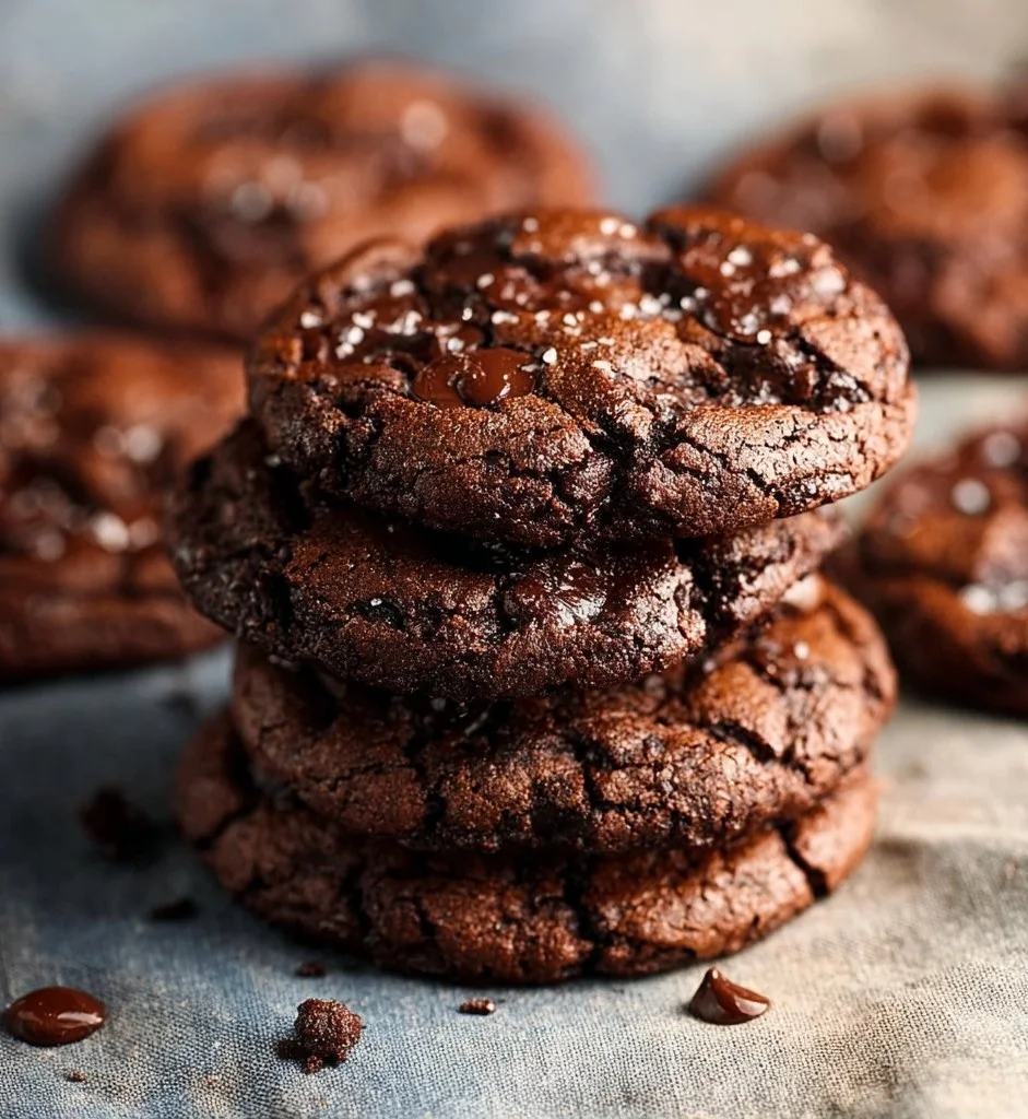 Fudgy vegan double chocolate chip cookies, made with rich cocoa and dairy-free ingredients.