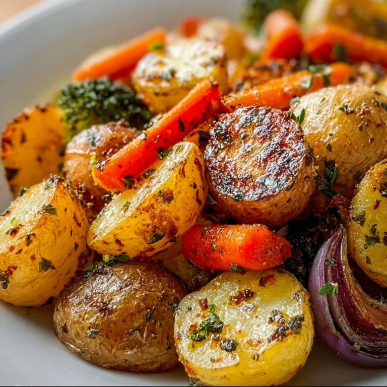 Delicious garlic herb roasted potatoes with colorful veggies on a serving plate.