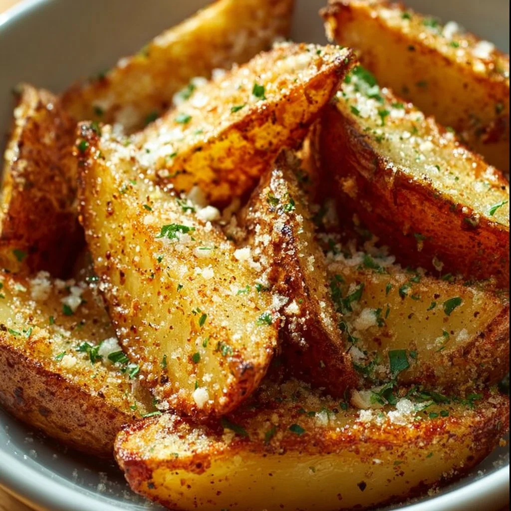 Crispy Garlic Parmesan Potato Wedges served with dipping sauce