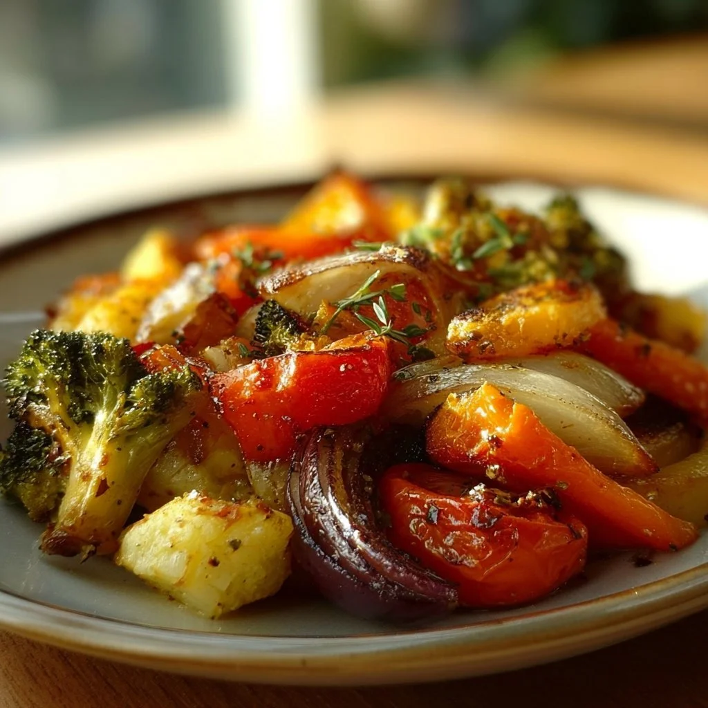 Plate of garlic roasted vegetables including carrots, bell peppers, and zucchini
