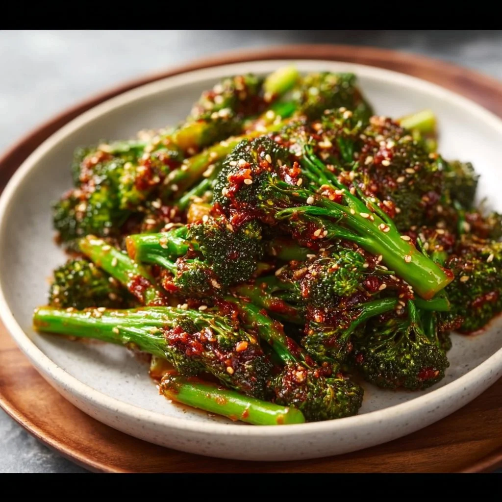 Spicy Gochujang broccoli dish served on a plate