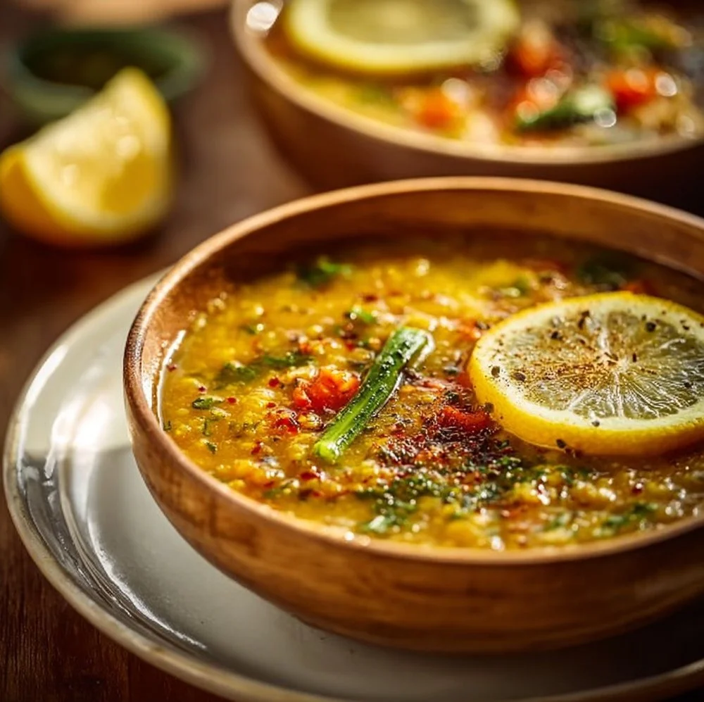 Bowl of golden lemon lentil soup garnished with herbs