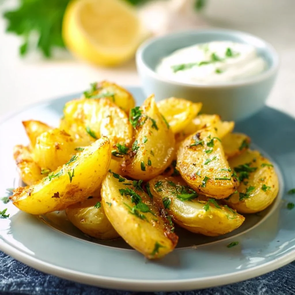 Delicious Greek Lemon Potatoes garnished with herbs and lemon slices