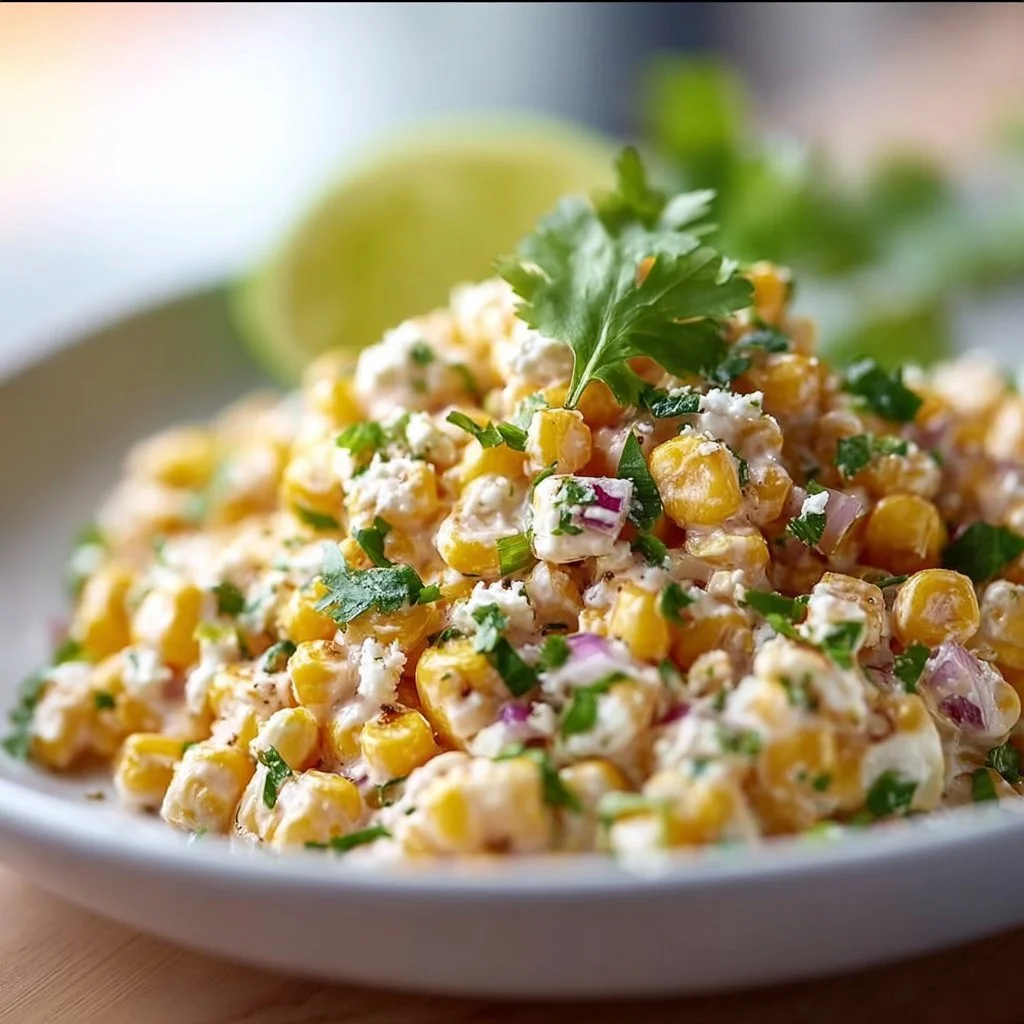 Healthy street corn salad featuring Greek yogurt topping and fresh ingredients