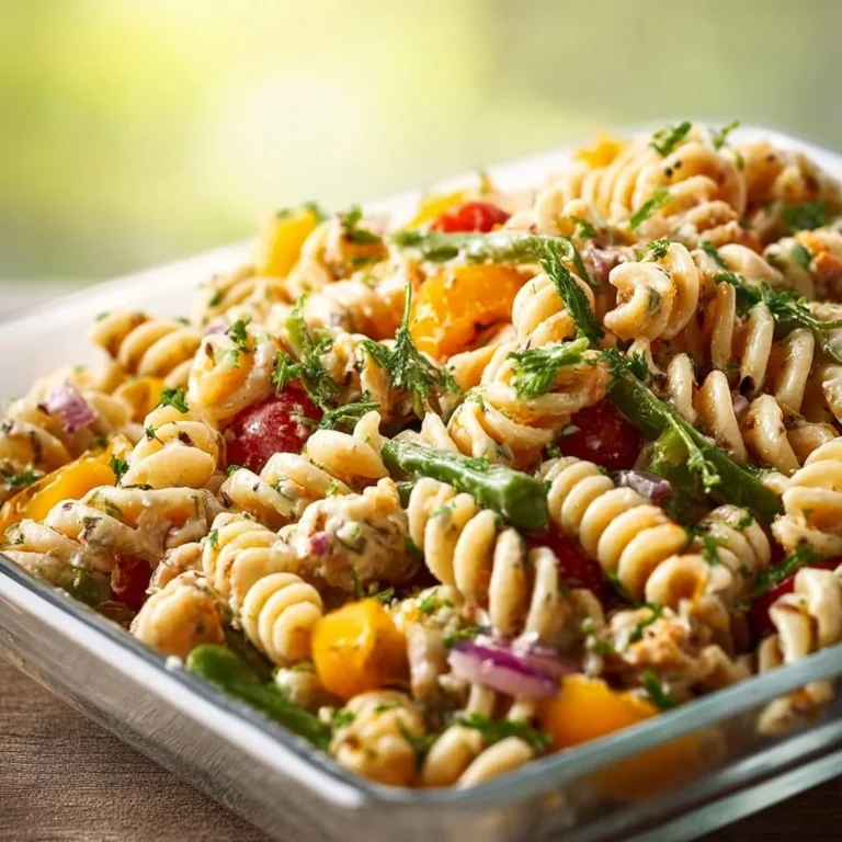 Colorful high protein vegan pasta salad with vegetables and dressing in a bowl