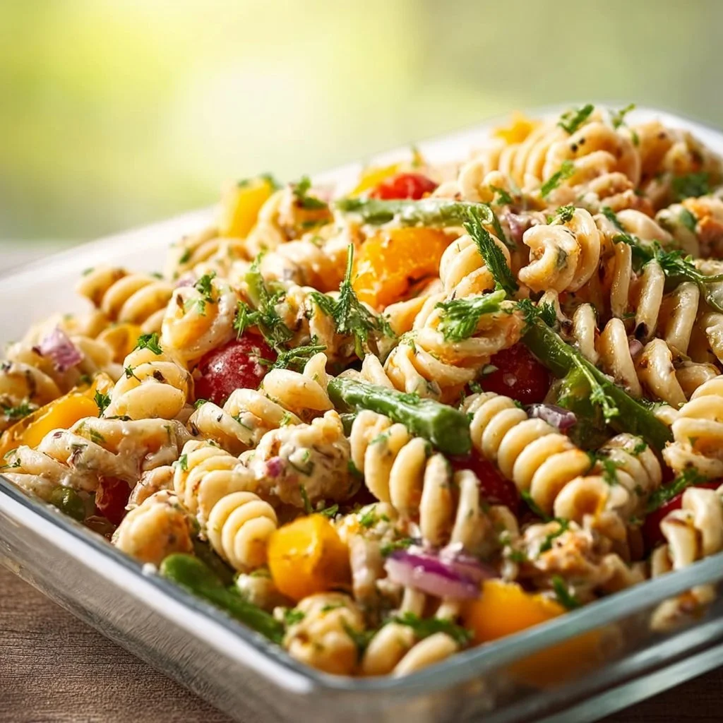 Colorful high protein vegan pasta salad with vegetables and dressing in a bowl