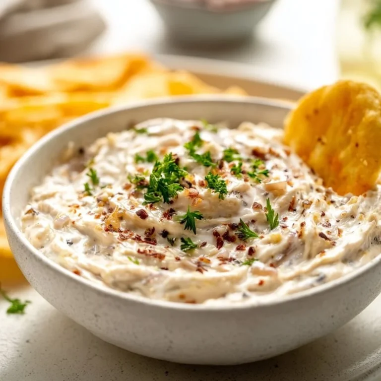 Bowl of homemade vegan French onion dip with fresh herbs and crackers