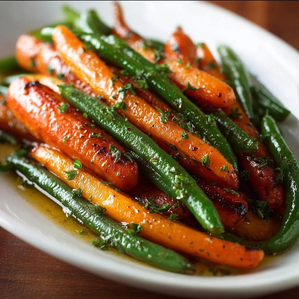 Plate of honey glazed carrots and green beans