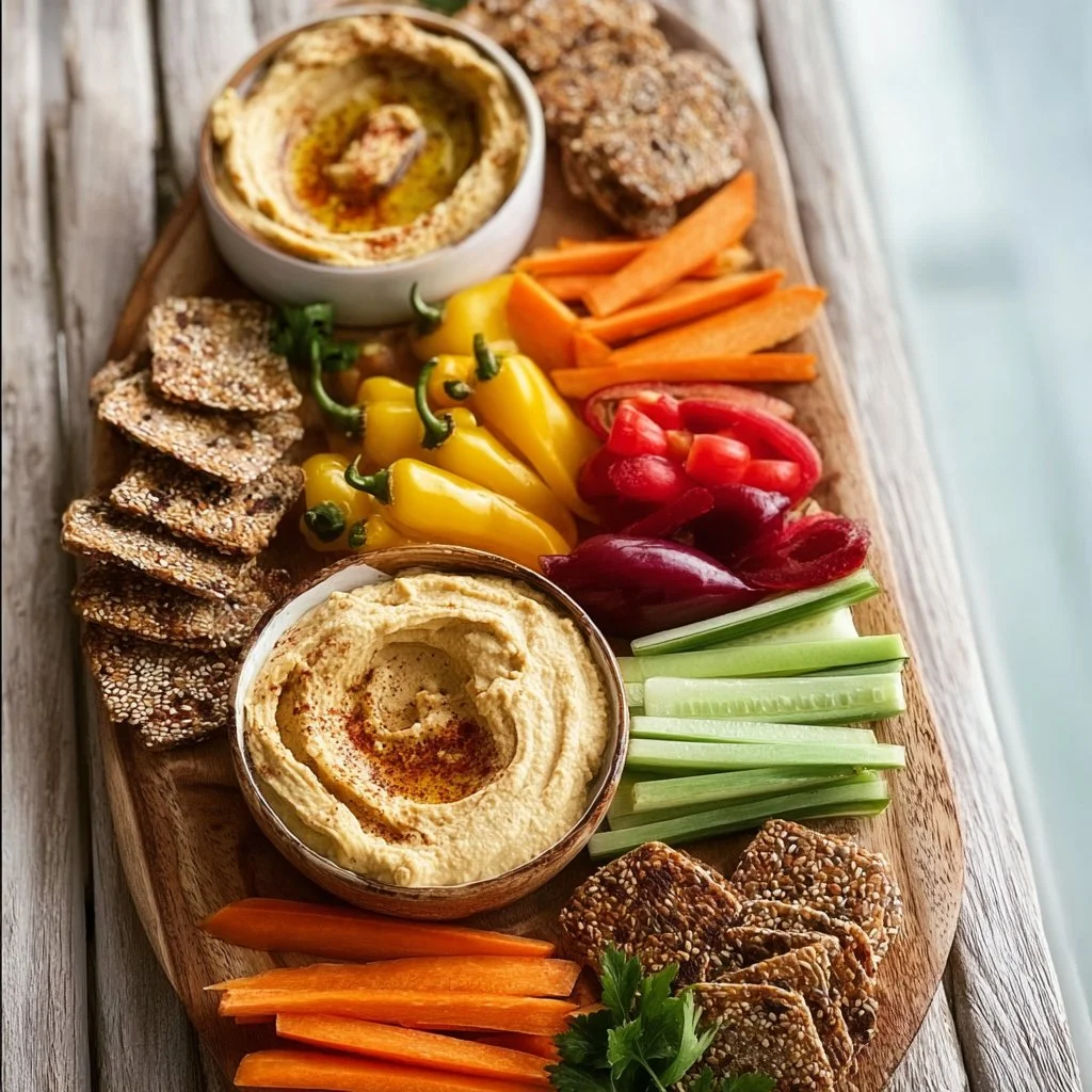 Hummus snack board with fresh vegetables, pita bread, and various dips