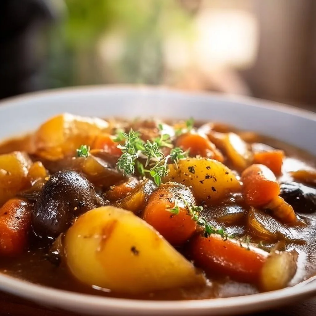 Delicious bowl of Irish vegetarian stew with fresh vegetables and herbs
