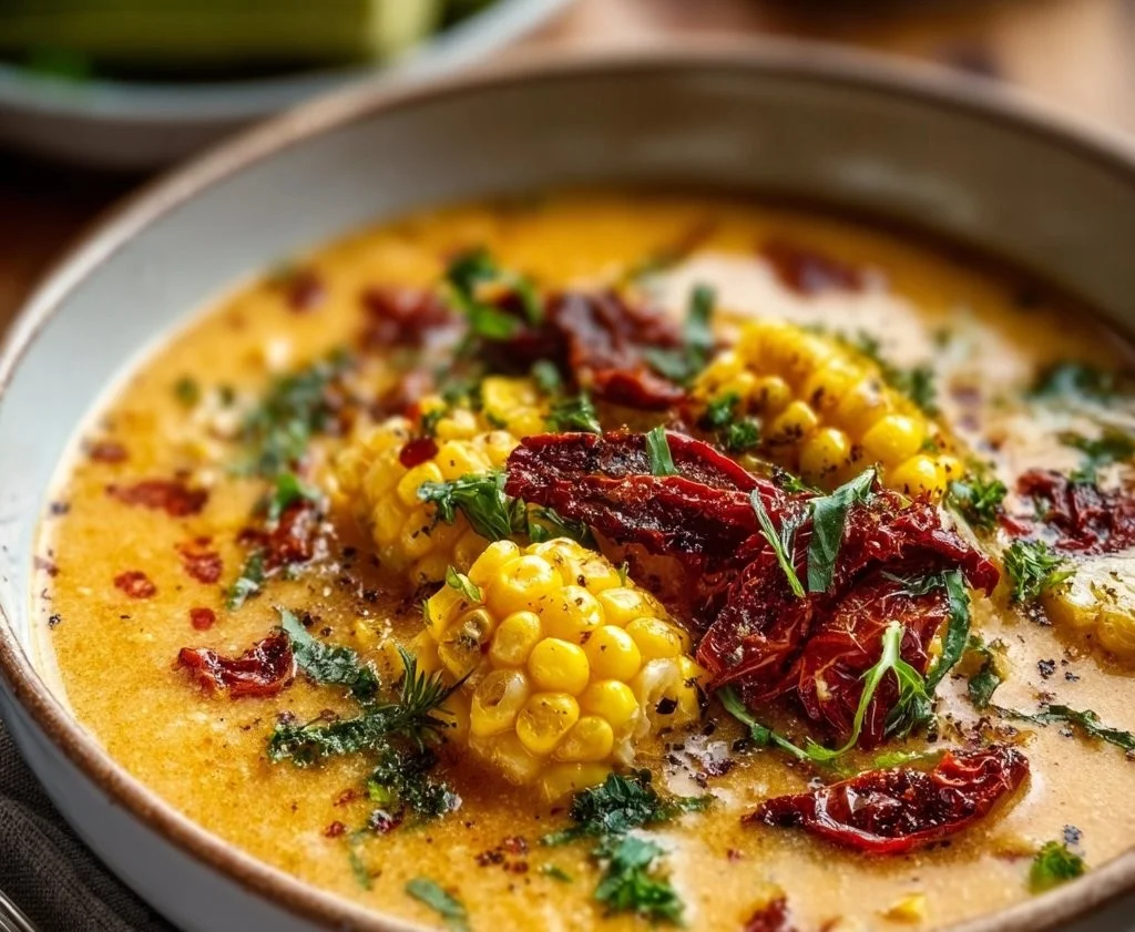 Bowl of irresistible sun dried tomato corn chowder, perfect for cozy evenings.