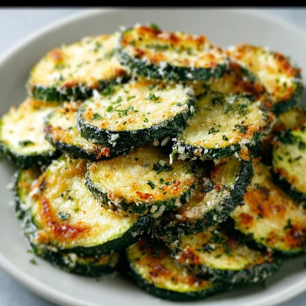 Bowl of crunchy garlic parmesan roasted zucchini slices ready to serve.
