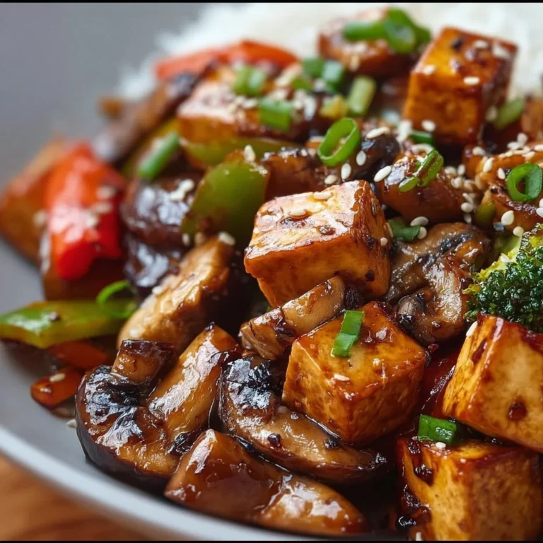 Colorful Mushroom and Tofu Stir-Fry in a bowl with vibrant vegetables