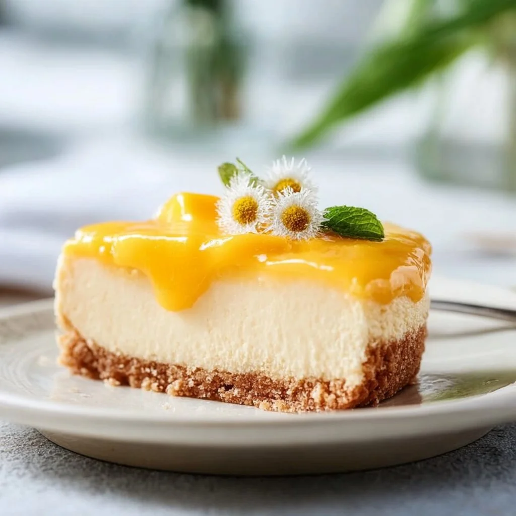No bake mango cheesecake dessert without gelatin, topped with fresh mango slices.