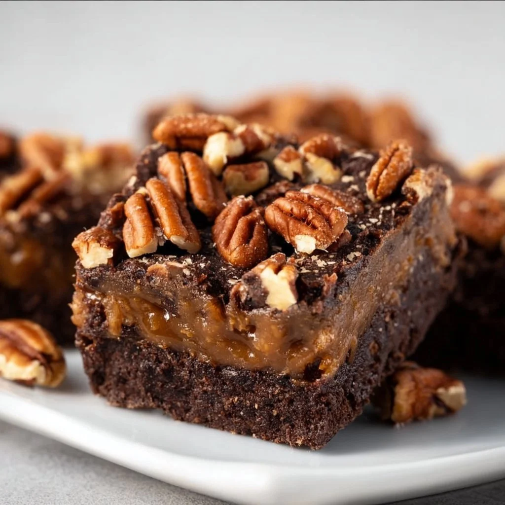 A delicious plate of no bake turtle brownies, vegan and gluten-free dessert.