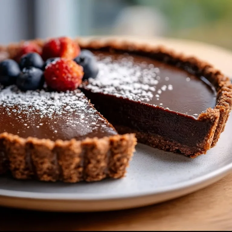 Delicious no bake vegan chocolate tart topped with fresh berries