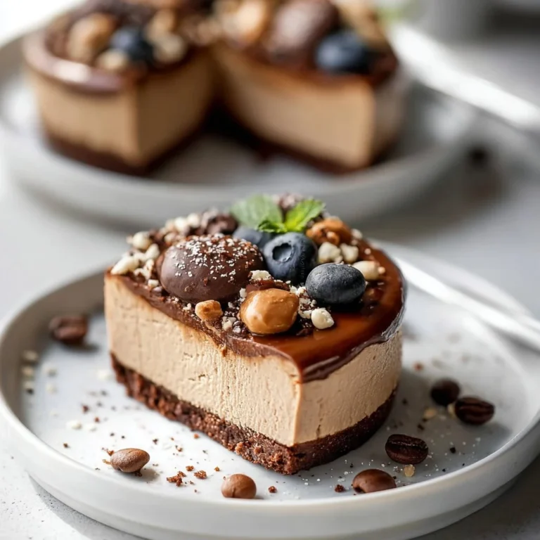 No-Bake Vegan Coffee Cheesecake garnished with coffee beans and chocolate