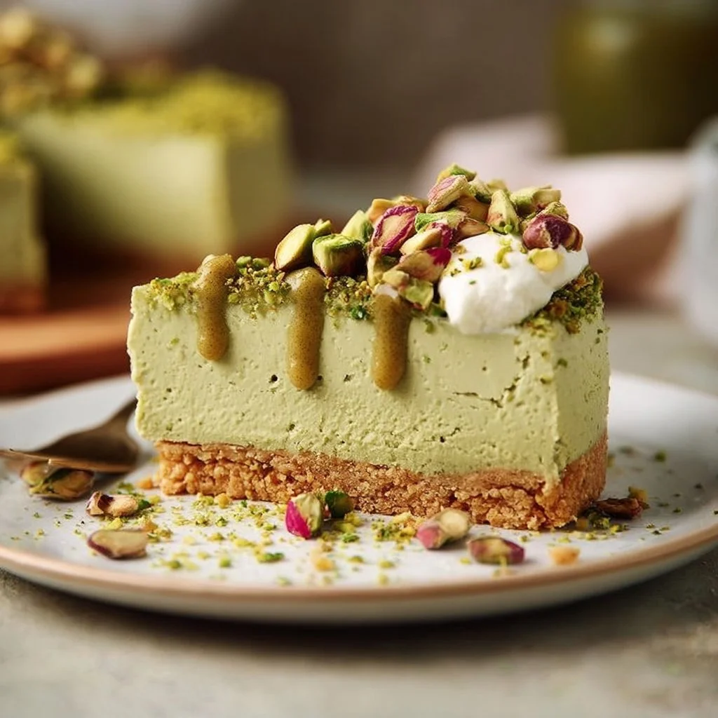 No-Bake Vegan Pistachio Cheesecake topped with crushed pistachios on a plate