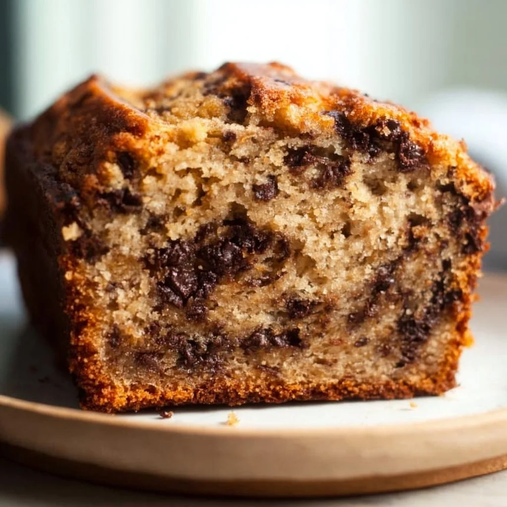 One Bowl Chocolate Chip Banana Bread with slices on a wooden table