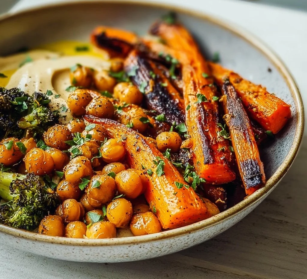 One-Pan Roasted Carrot and Chickpea Bowl served in a vibrant dish