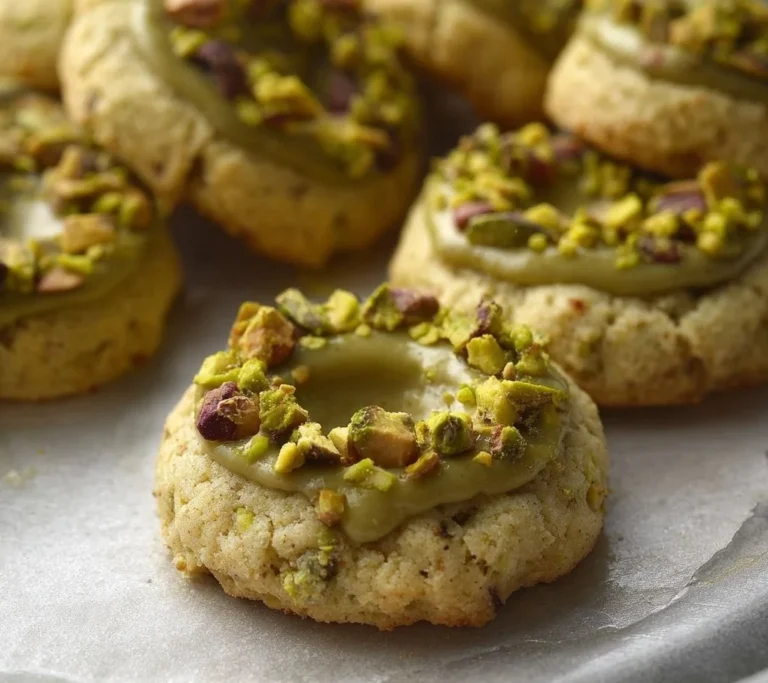 Pistachio thumbprint cookies with a nutty filling and colorful toppings