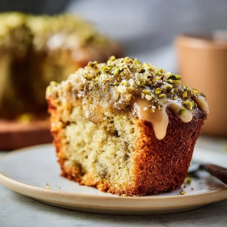 Slice of Pistachio Vegan Coffee Cake on a plate with coffee