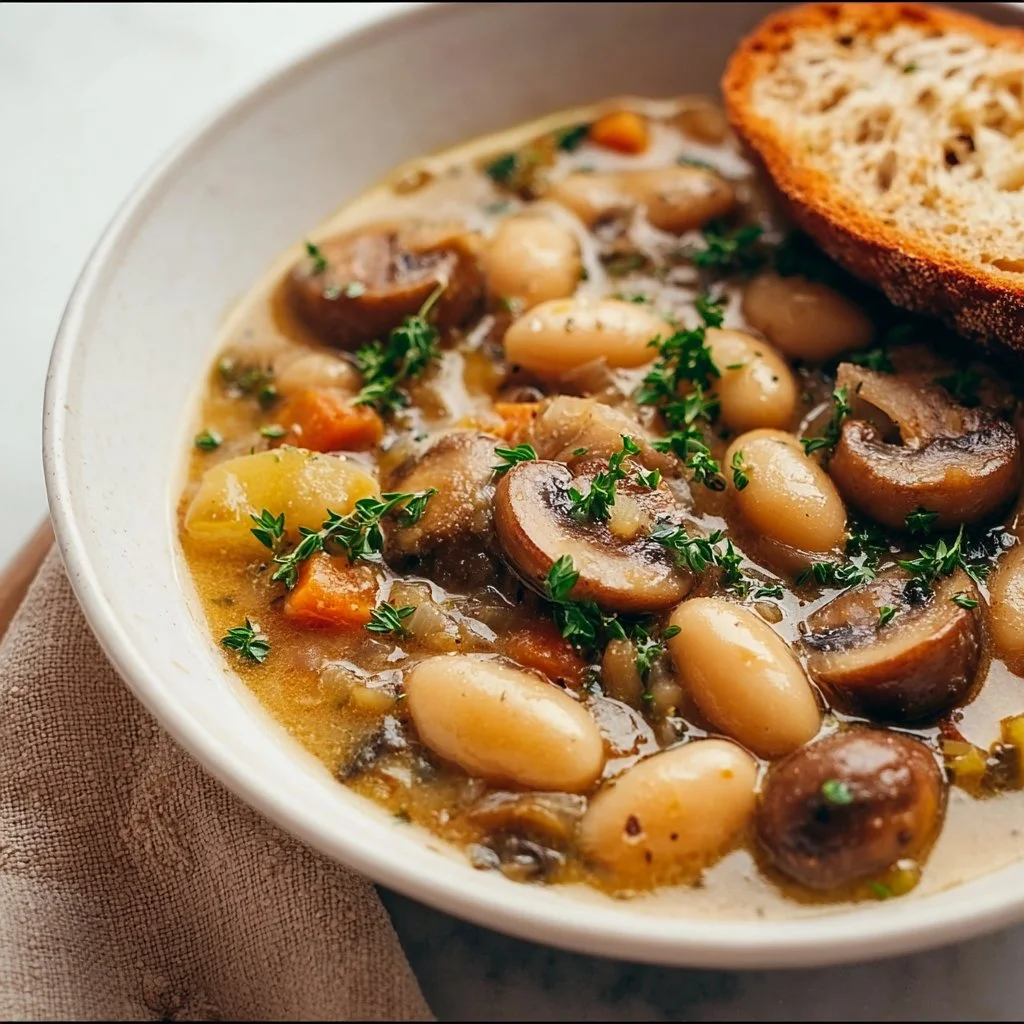 Delicious vegan white bean and mushroom stew served in a bowl