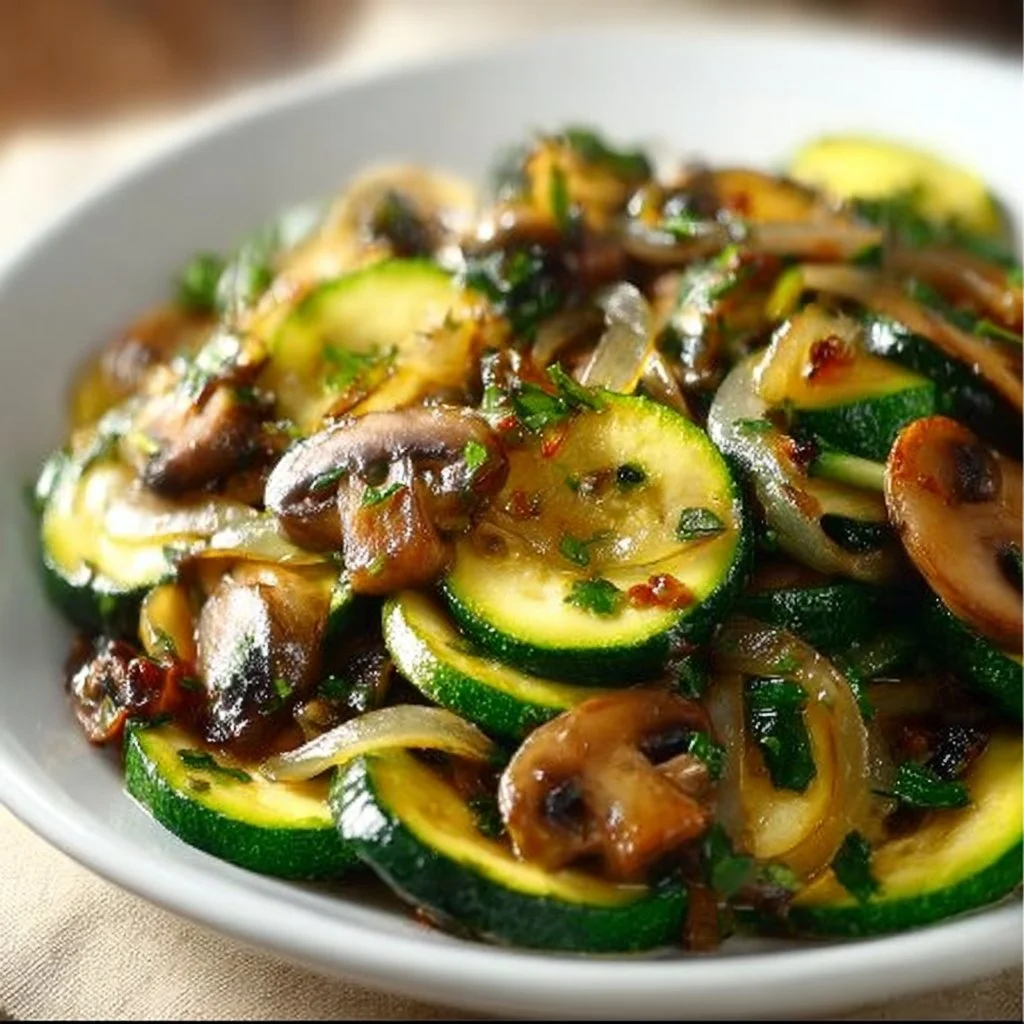 Sautéed zucchini with mushrooms and onions in a colorful dish
