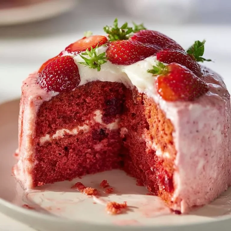 Freshly baked small-batch strawberry cake topped with strawberries and cream