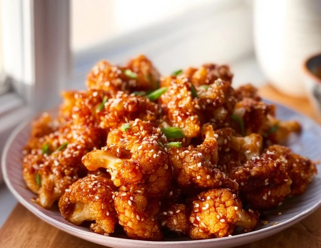 Sticky Sesame Cauliflower dish garnished with sesame seeds and green onions
