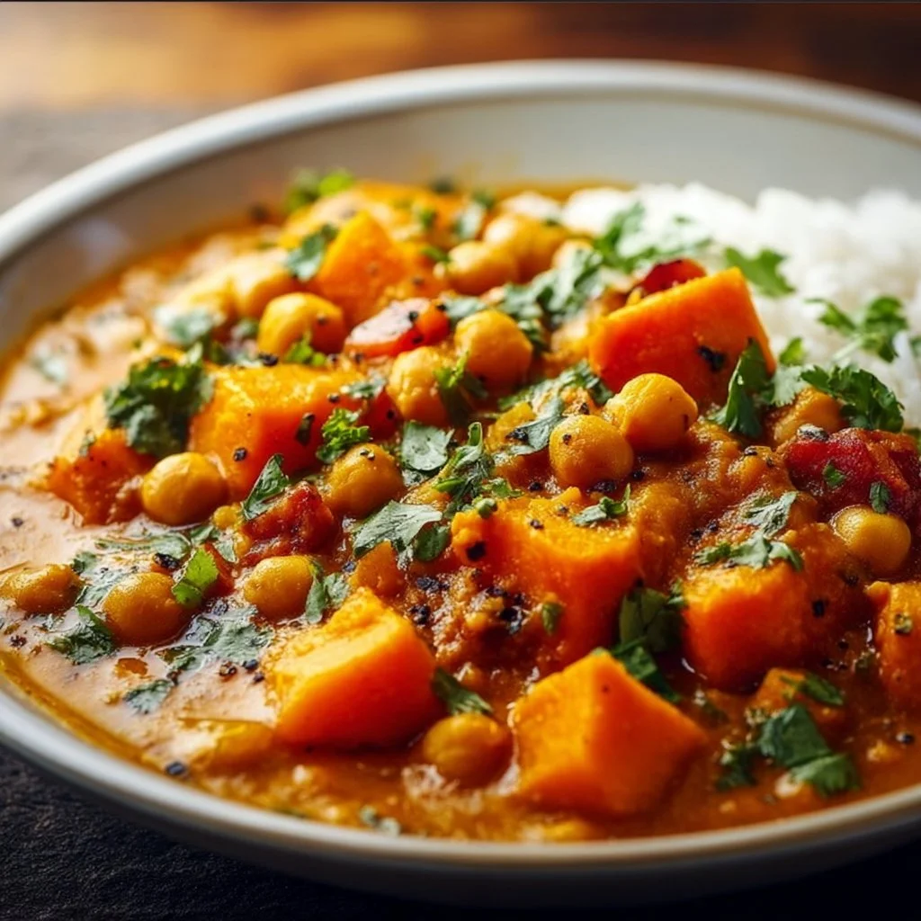 Bowl of Sweet Potato Chickpea Curry with fresh herbs and spices