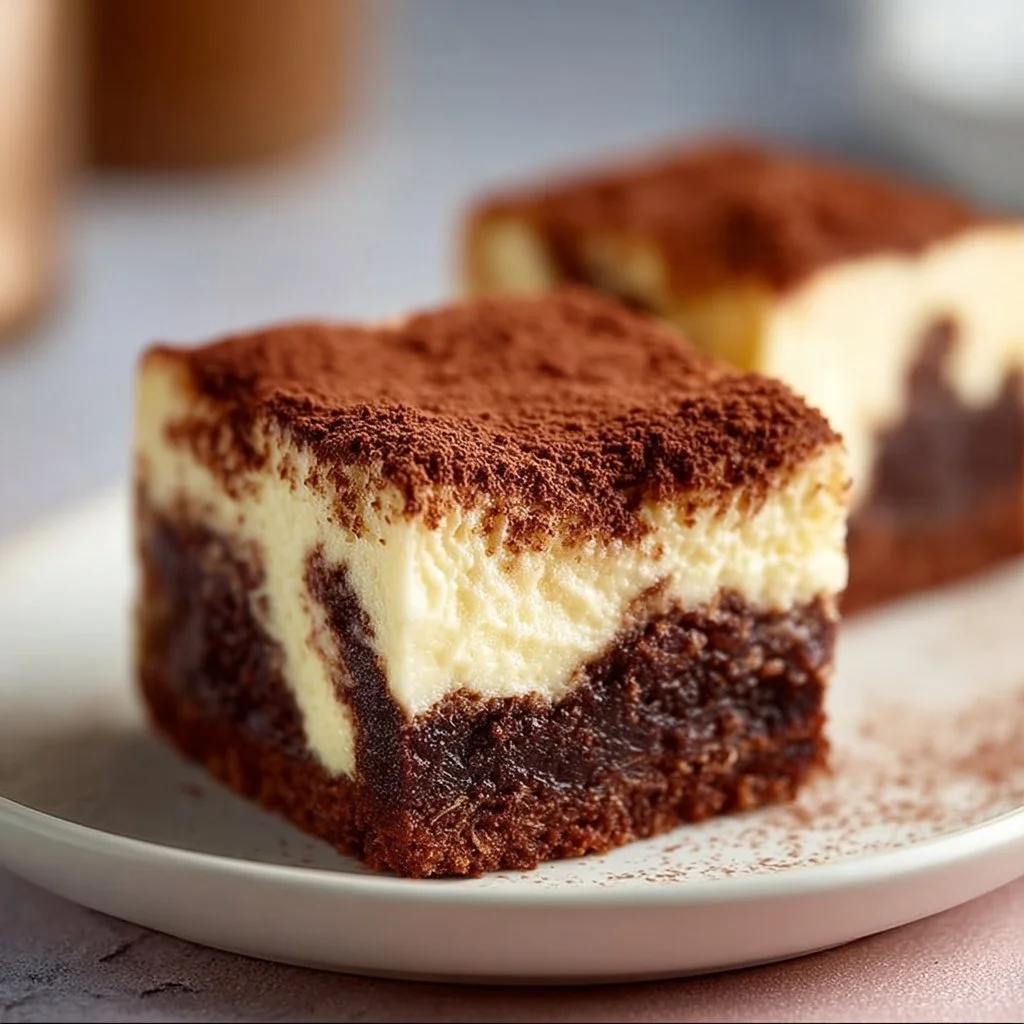 Delicious tiramisu cheesecake brownies with layers of chocolate and coffee flavors