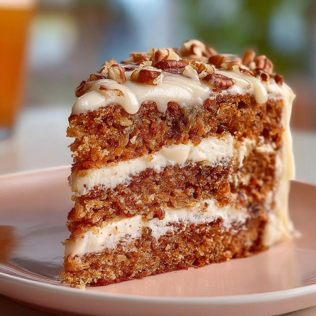 Tender vegan hummingbird cake with pineapple, banana, and pecans