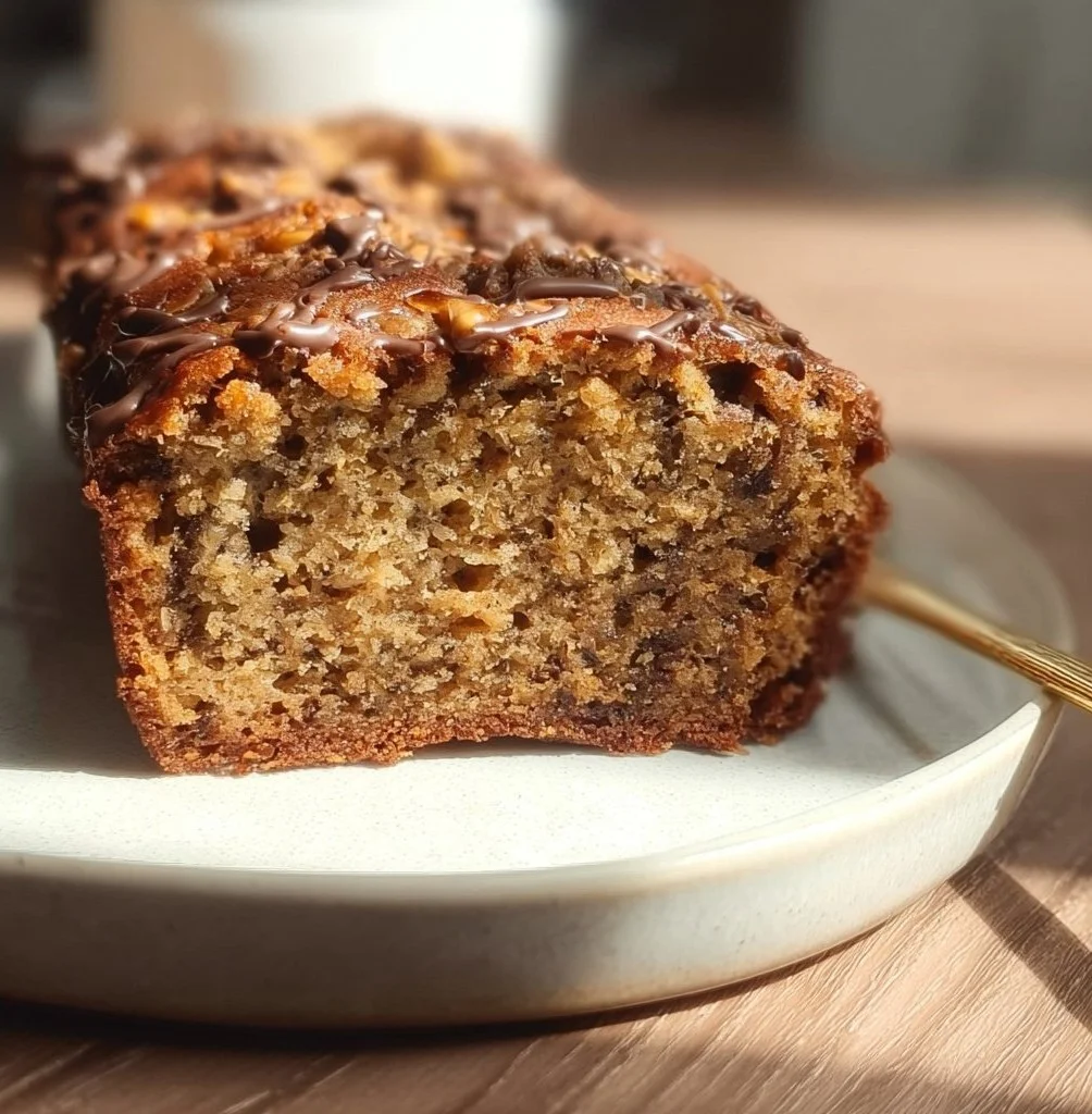 Slice of healthy vegan gluten-free banana bread on a wooden table